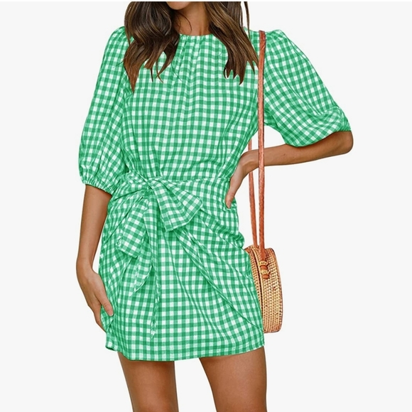 Womens Casual Plaid Crewneck Lantern Sleeve Wrap Tie Waist Party Short MiniDress - Picture 2 of 14